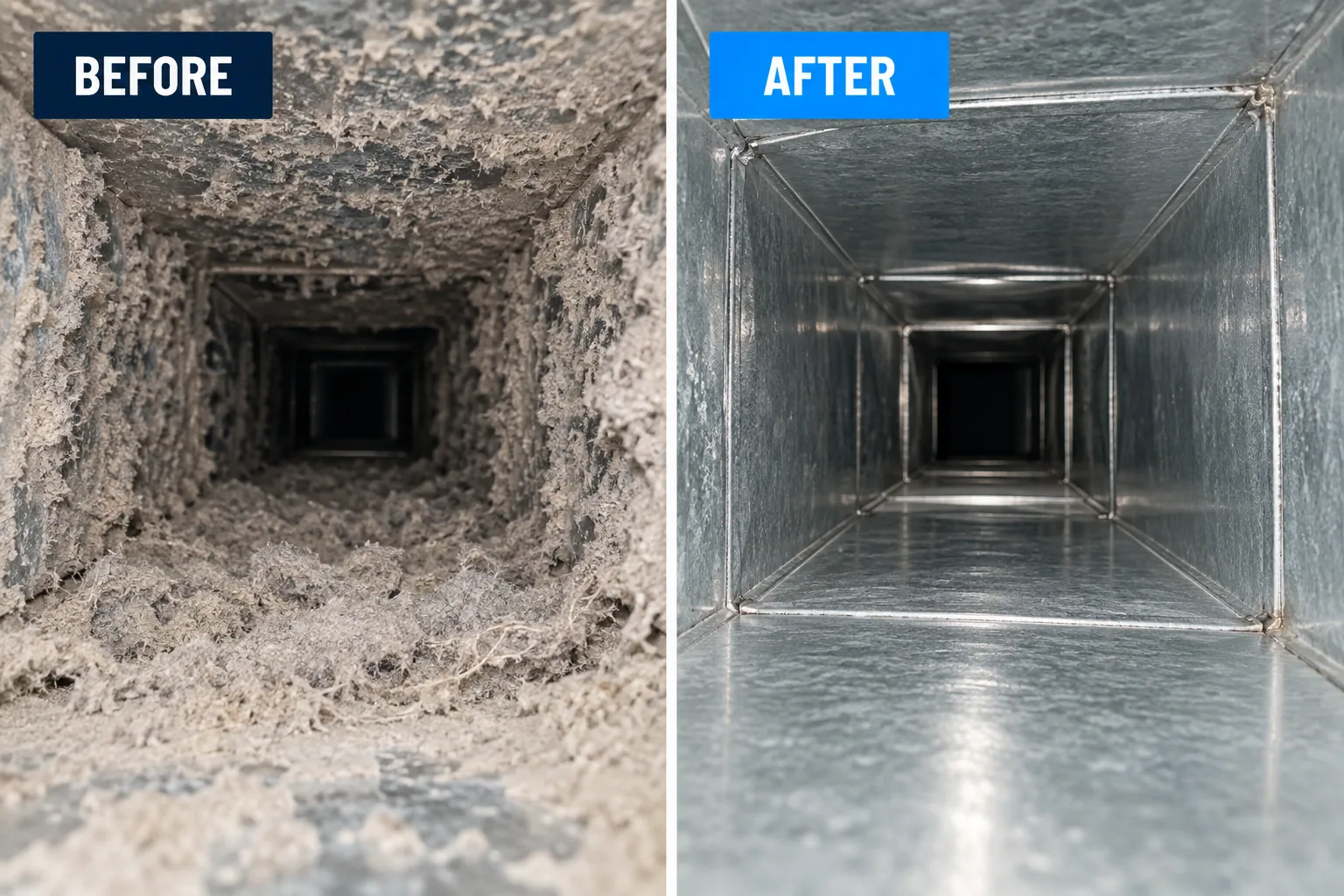 Illustrative before-and-after comparison inside an accessible air duct