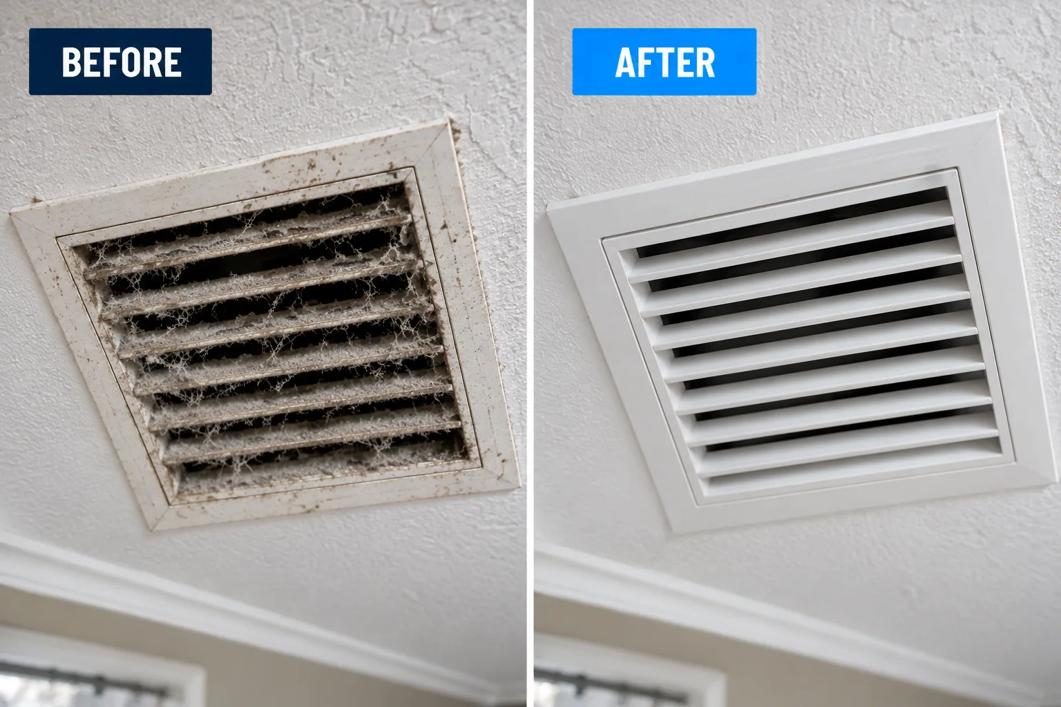 Illustrative before-and-after comparison of a dusty ceiling vent and a clean ceiling vent