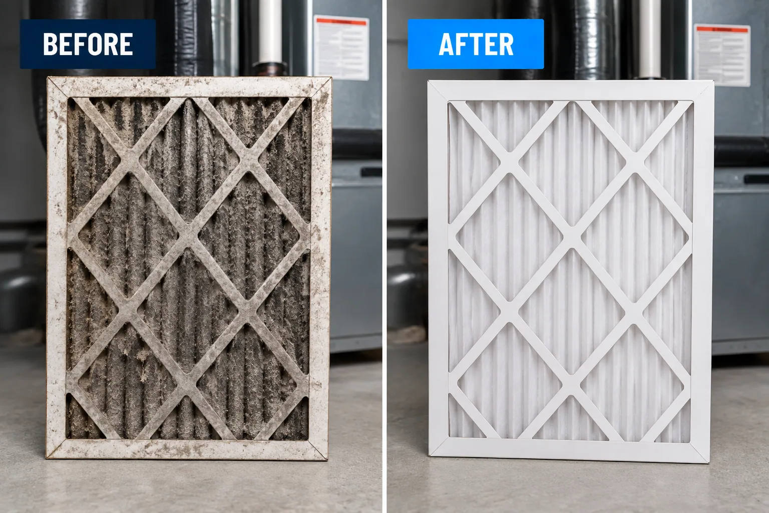 Illustrative comparison of a dirty HVAC filter and a clean replacement filter