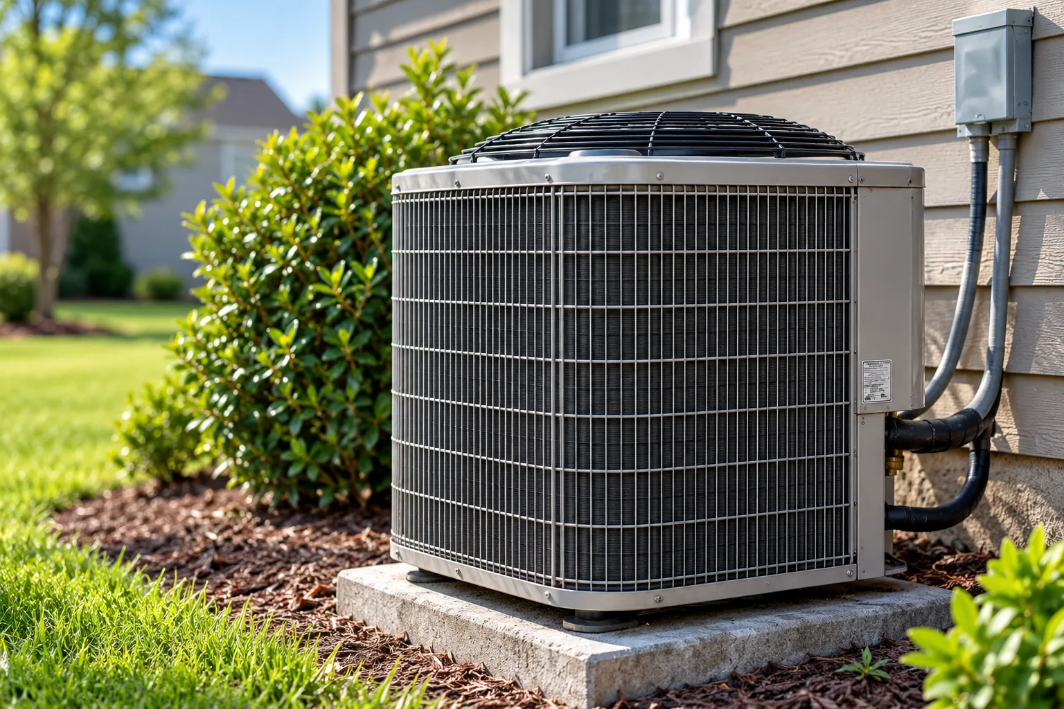 Residential outdoor HVAC condenser beside a home