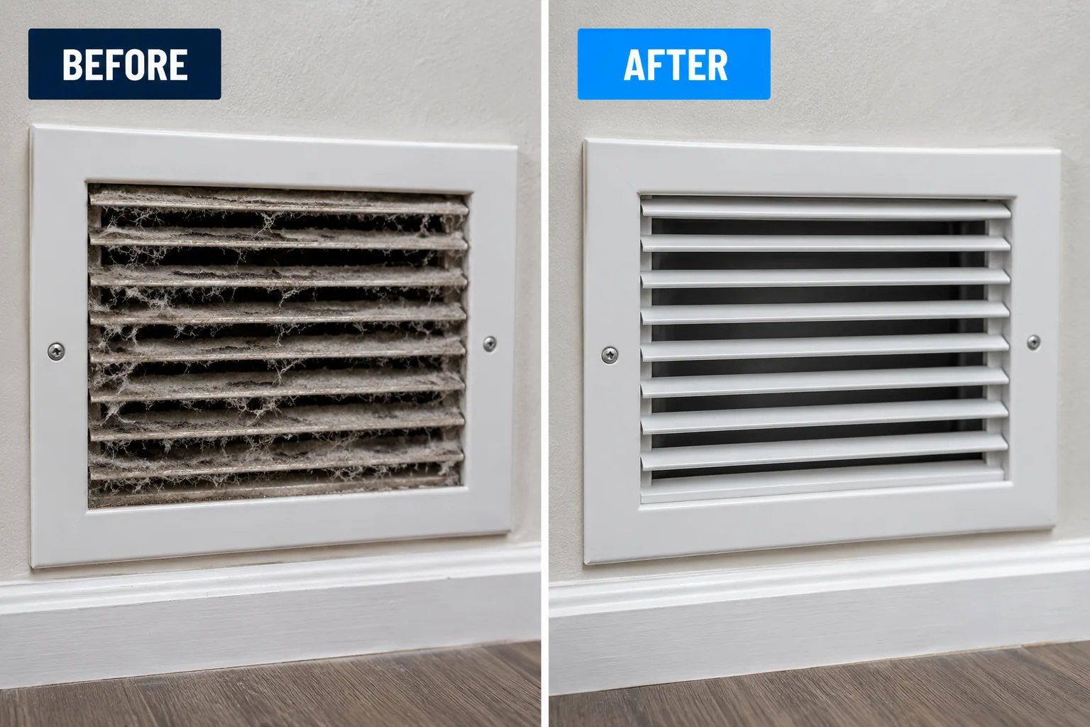 Illustrative before-and-after comparison of a dusty wall vent and a clean wall vent